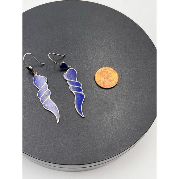 Lapis Lazuli Royal Blue 950 Sterling Silver Heart Dangle Southwestern Earring - Picture 4 of 10